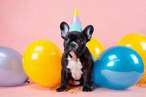 generativ ai Illustration von ein süß Hund im Vorderseite von Party Luftballons foto