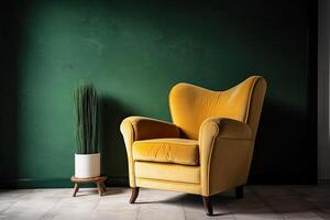 generativ ai Illustration von ein Gelb Sessel gegen ein Grün Mauer foto