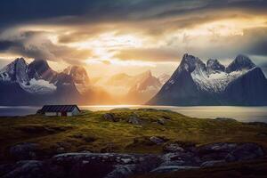 generativ ai Illustration von ein Sonnenuntergang beim ein Berg Landschaft foto