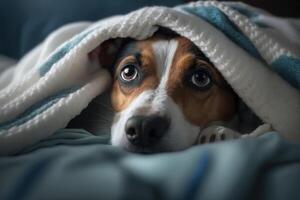 ein jung Jack Russell Terrier Hund unter ein Decke. das Haustier ist aalen unter das Plaid. das Konzept von Pflege zum Haustiere. generativ ai. foto