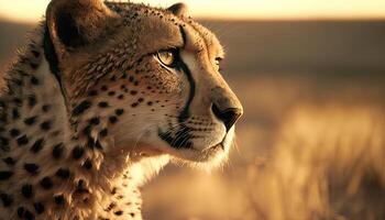 Gepard Porträt im das Morgen Sonne im Savanne. generativ ai. foto