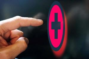 Index Finger zeigen beim Gesundheit Anwendung, Gesundheit Versicherung foto