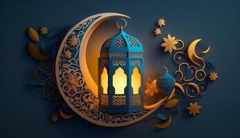 islamisch Ramadan Urlaub Banner mit glühend Laterne Mond und Moschee Fenster Portal generativ ai foto