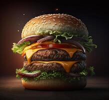frisch lecker Burger. groß Cheeseburger mit Fleisch Pastetchen, Käse und Gemüse. generativ ai. foto