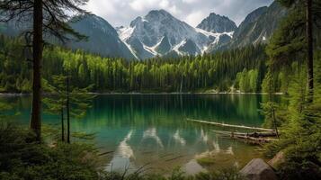 schön Grün Wald mit ein See und Schnee gekappt Berge im das Hintergrund. generativ ai. foto