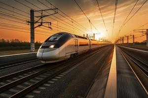 hoch Geschwindigkeit Zug im Bewegung auf das Eisenbahn Bahnhof beim Sonnenuntergang foto