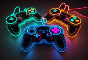 Gamepad im Neon- Licht. Computer generiert 3d Foto Wiedergabe. generativ ai