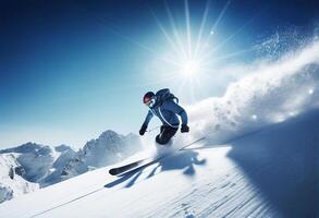 Skifahrer Skifahren bergab im hoch Berge während sonnig Tag. gemischt Medien generativ ai foto