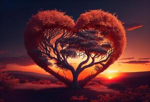 Herz geformt Baum auf Sonnenuntergang Hintergrund. 3d Wiedergabe. Liebe Konzept generativ ai foto