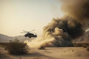 Militär- Hubschrauber Kreuze Kreuze Feuer und Rauch im das Wüste, breit Poster Design foto