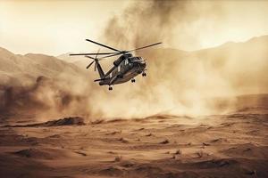 Militär- Hubschrauber Kreuze Kreuze Feuer und Rauch im das Wüste, breit Poster Design foto