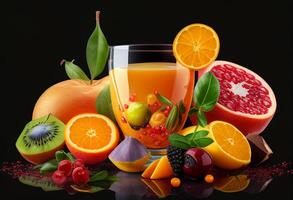 mischen Obst Saft im ein Glas mit frisch Früchte generativ ai foto