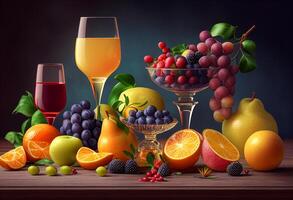 mischen Obst Saft im ein Glas mit frisch Früchte generativ ai foto