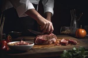 Koch schneidet Fleisch mit ein Messer im das Küche bereitet vor Lebensmittel. Gemüse und Gewürze auf das Küche Tabelle im ein Restaurant zu bereiten ein köstlich Mittagessen foto