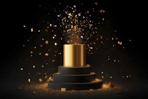 golden Podium mit ein Scheinwerfer auf ein dunkel Hintergrund, fallen golden Konfetti, zuerst Ort, Ruhm und Popularität foto