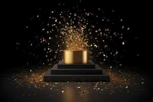 golden Podium mit ein Scheinwerfer auf ein dunkel Hintergrund, fallen golden Konfetti, zuerst Ort, Ruhm und Popularität foto