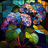 Blumen- befleckt Glas Fenster - - ai generiert foto