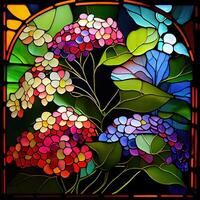 Blumen- befleckt Glas Fenster - - ai generiert foto