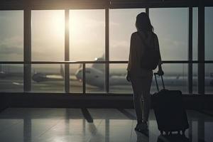 Reise Konzept, Menschen im das Flughäfen ,Silhouette von jung Mädchen mit Gepäck Gehen beim Flughafen, Frauen zeigen etwas durch das Fenster, selektiv Fokus, Jahrgang Ton Farbe foto