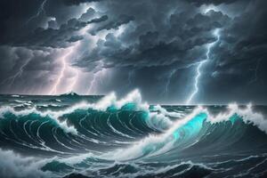 ein Sturm Über das Ozean mit ein Blitz Bolzen auf das Horizont ai generiert foto