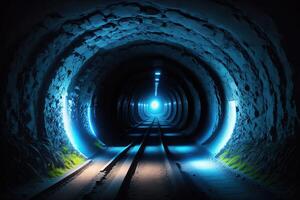 ein dunkel Tunnel mit ein Blau Licht und ein Blau Licht ai generiert foto