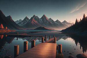 ein hölzern Dock mit ein Berg im das Hintergrund ai generiert foto