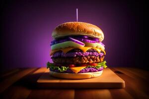 frisch lecker hausgemacht Burger auf hölzern Tabelle ai generiert foto