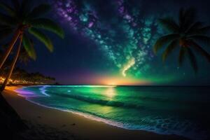Nacht Meer Seite Kokosnuss Baum Grün Rasenstrand Star Galaxis ai generiert foto