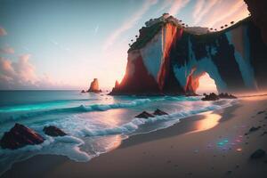 ein Gemälde von ein Strand mit ein Cliff im das Hintergrund ai generiert foto