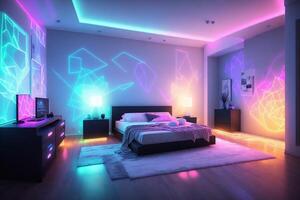 modern Schlafzimmer Innere mit Neon- Beleuchtung glühend Umgebungs im das Abend ai generiert foto