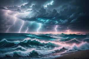 ein Sturm Über das Ozean mit ein Blitz Bolzen auf das Horizont ai generiert foto