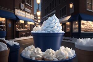 Schokolade Vanille Eis Sahne Kegel Anzeigen mit Eis Würfel und Schneeflocken ai generiert foto
