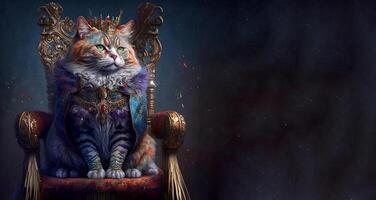 das königlich Katze mit Luxus Kleid Kostüm. schließen oben Porträt König Katze mit Thron und Krone. generativ ai. foto