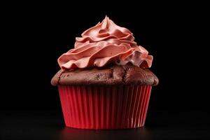 köstlich Foto von höchst detailliert rot Cupcake gegen ein dunkel Hintergrund ai generiert