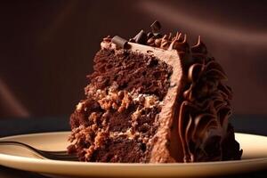 detailliert Foto von schokoladenüberzogen Schwamm Kuchen auf ein Teller mit ein dunkel Hintergrund ai generiert