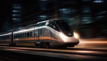 Foto von modern hoch Geschwindigkeit Zug Vorbeigehen durch das Stadt beim Nacht. generativ ai