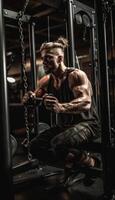 ein Foto von das Athlet Arbeiten aus auf ein Bodybuilding Maschine, generativ ai