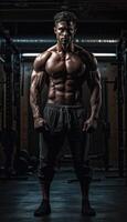 muskulös Bodybuilder männlich Athlet demonstriert ihr Körper im das Fitnessstudio. generativ ai foto
