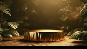 golden Podium im tropisch Urwald zum Produkt Beförderung und Präsentation. generativ ai foto