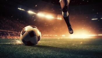 Fuß von Fußball Spieler Schlagen Fußball Ball schnell im Stadion. generativ ai foto