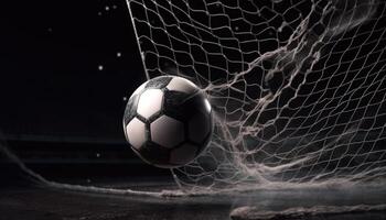 das Fußball Ball ist fliegend schnell, reißen das Netze von das Ziel. generativ ai foto