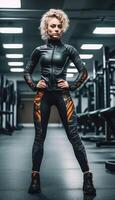 muskulös Bodybuilder weiblich Athlet demonstriert ihr Körper im das Fitnessstudio. generativ ai foto