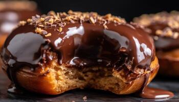 ein Nahansicht Foto von das Schokolade Glasur auf das Krapfen. generativ ai