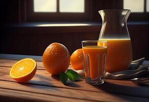 Orange Saft im ein Glas auf ein hölzern Tisch. ai generiert foto