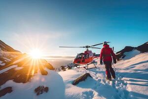 Suche und Rettung Betrieb im Berge. medizinisch Rettung Hubschrauber Landung im schneebedeckt Berge. erstellt mit generativ ai foto