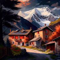 tolle Landschaft Kunst - - Dorf im das Alpen Illustration - - ai generiert foto