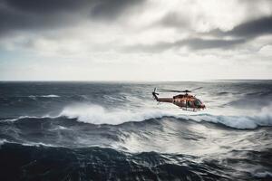 Suche und Rettung Betrieb im Meer. Notfall Rettung Hubschrauber fliegt Über Meer Oberfläche, suchen zum die Opfer nach Absturz. erstellt mit generativ ai foto