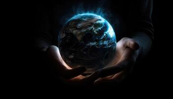 glänzend runden Welt im Mensch Hände beim Nacht Zeit. Erde Tag. Energie Speichern Konzept. generativ ai foto