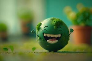 froh Erde Charakter lachend auf Grün Hintergrund, glücklich Erde Tag, Welt Lachen Tag. generativ ai foto