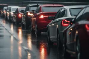 Auto der Verkehr Marmelade auf das Straße Regen Schlecht Wetter generativ ai foto
